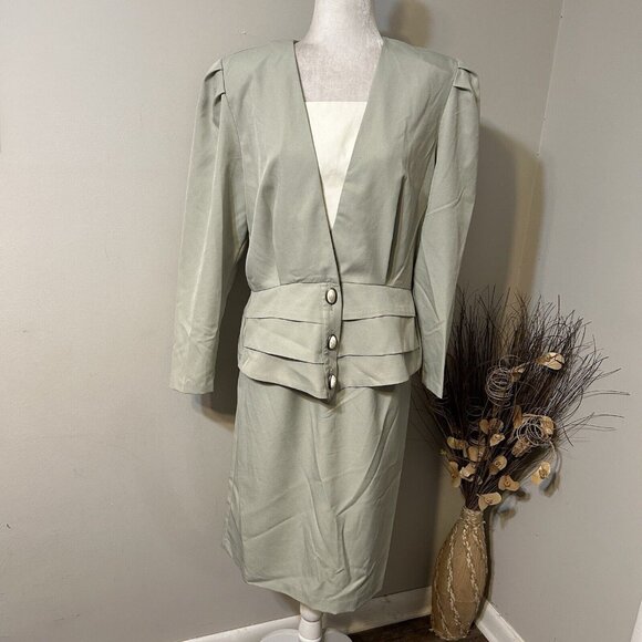 Vtg 80s Good Times Suit Size 16 2Pc Set Green Blazer Peplum Jacket & Skirt USA - Picture 1 of 10